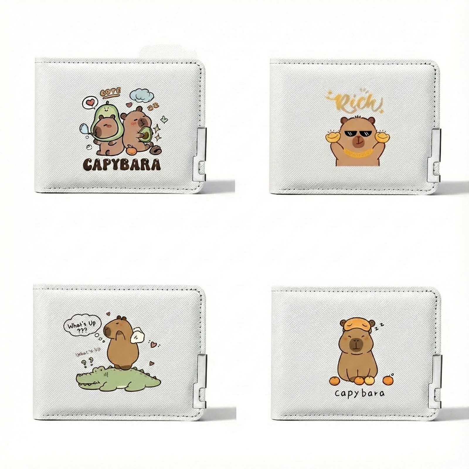 White textured bi-fold wallet featuring a "Rich" capybara with sunglasses and gold ingots, highlighting the silver metal corner accent.