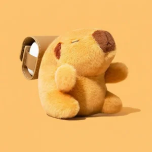 Plush Capybara AirPods Case with Leather Backpack Pouch & Wrist Strap