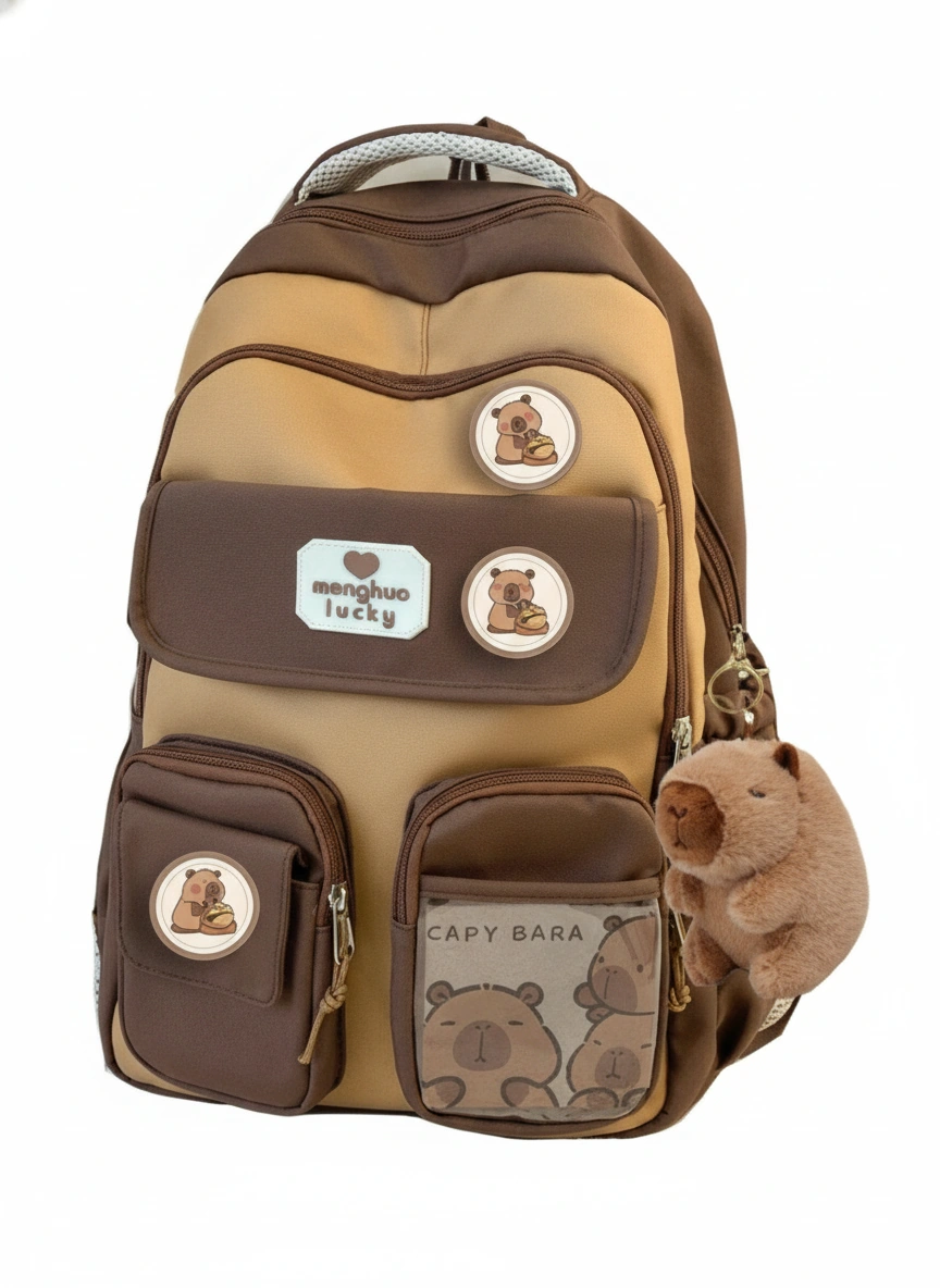 Large Capybara School Backpack with Plush Charm