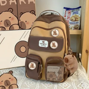 Large Capybara School Backpack with Plush Charm