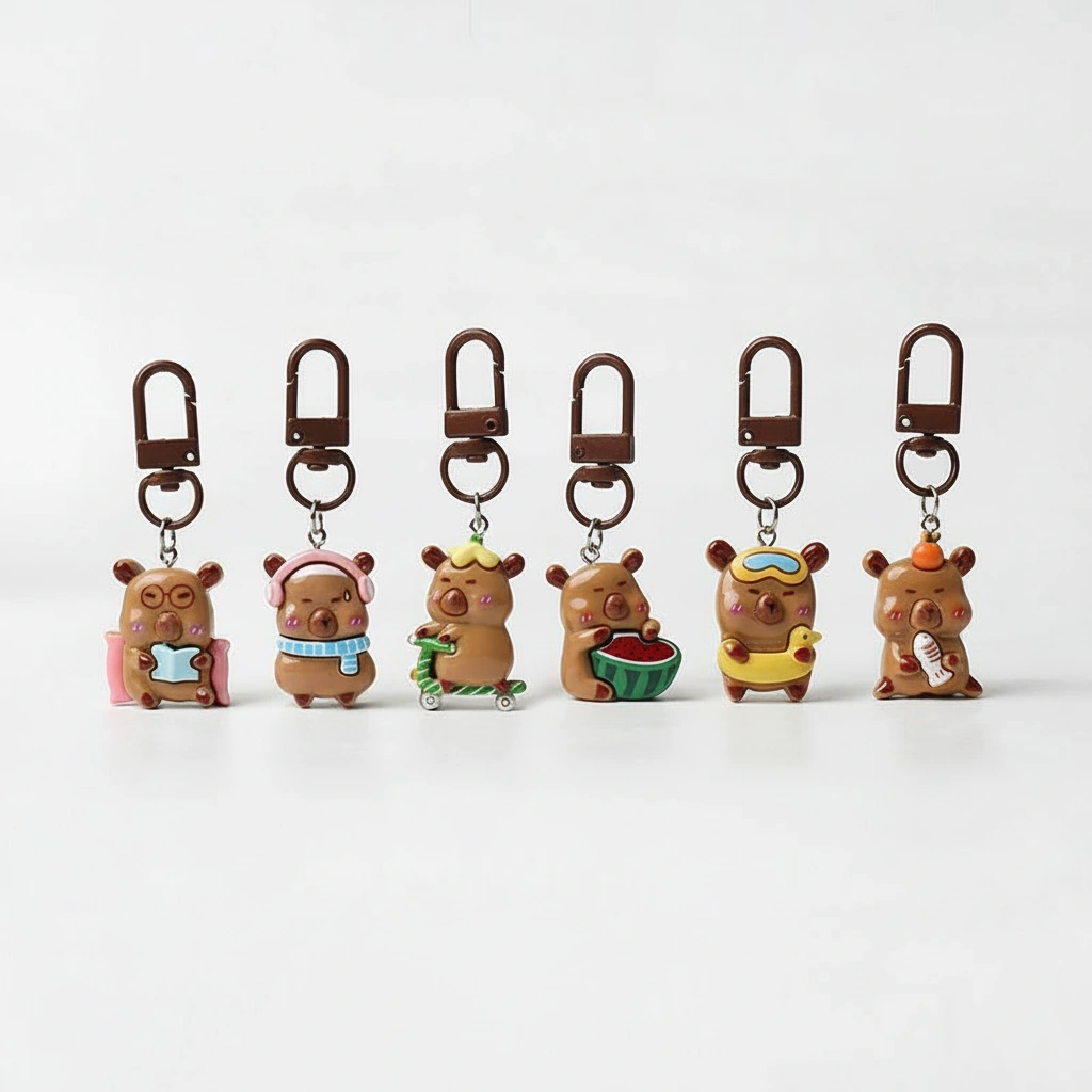 Set of 6 resin capybara bag charms lined up, featuring designs of capybaras reading, wearing a scarf, riding a scooter, eating watermelon, swimming with a floatie, and holding a fish.