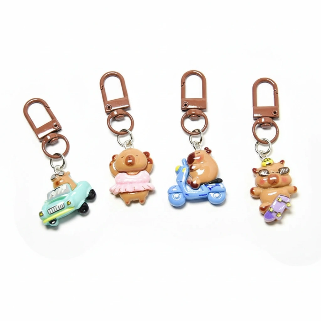 Set of 4 active capybara keychains featuring skateboarding, driving a car, riding a scooter, and ballet dancing.