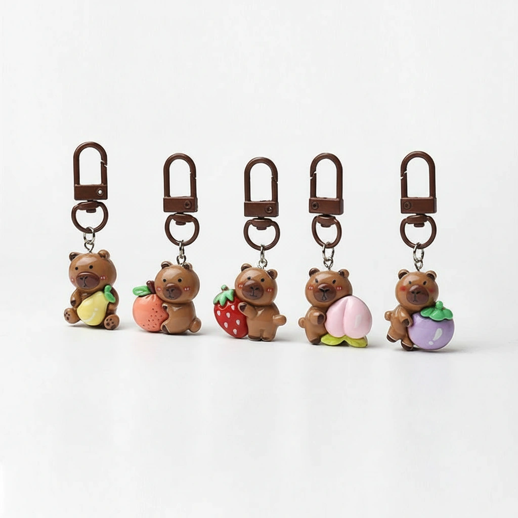 A collection of five cute resin capybara bag charms arranged in a row, each holding a different colorful fruit including a pear, persimmon, strawberry, peach, and mangosteen.