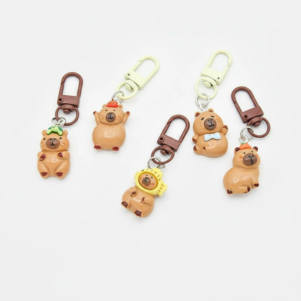 Group of 5 resin capybara keychains wearing turtle hat, flower hood, and bowtie accessories.