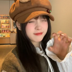 Capybara Cat Ear Newsboy Cap Baker Boy Hat with Plush Pin