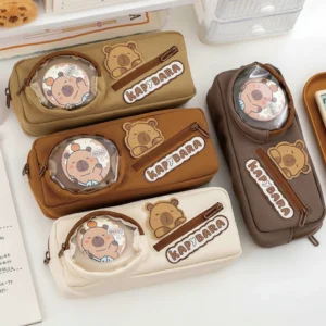 Canvas Capybara Pencil Case with Round Badge Display Window