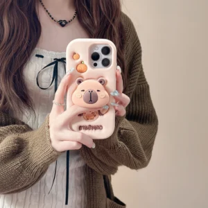 Pink Capybara Phone Case with Retractable 3D Grip Stand