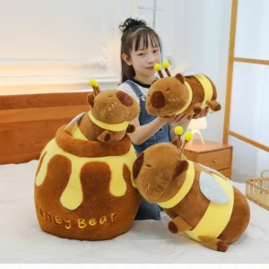 A cute girl holding a large honey pot plush toy with a removable bee-themed capybara plush inside, labeled "Honey Bear".