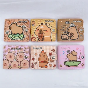 Collection of square bi-fold capybara wallets with snap straps, now featuring a new "Lucky Flower Squad" pink design alongside turtle rider and cookie eater styles.