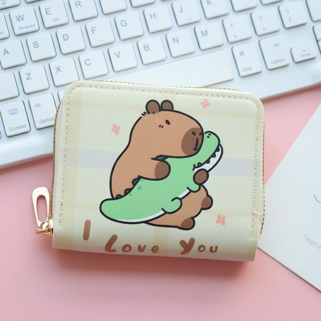 Capybara Cream Zip Wallet – Illustrated Coin Purse with Gold Zipper