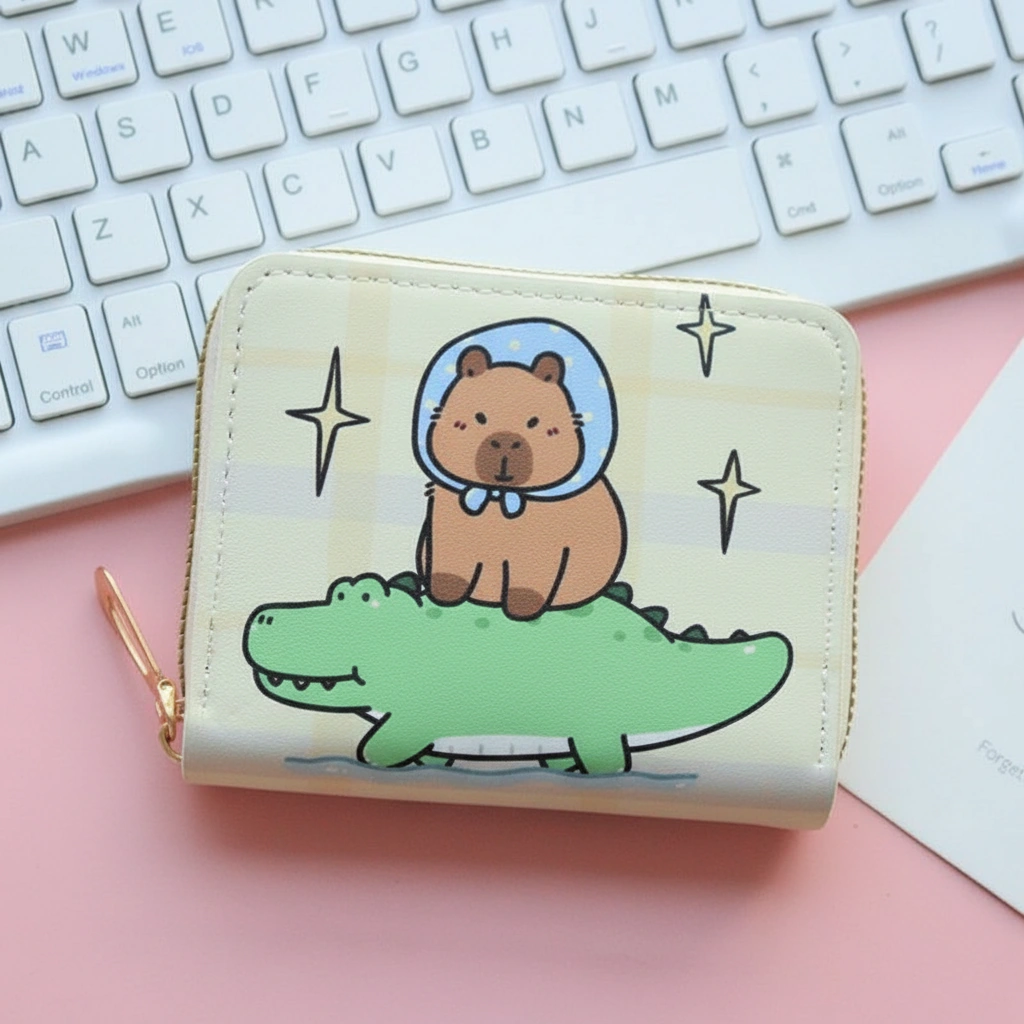 Capybara Cream Zip Wallet – Illustrated Coin Purse with Gold Zipper