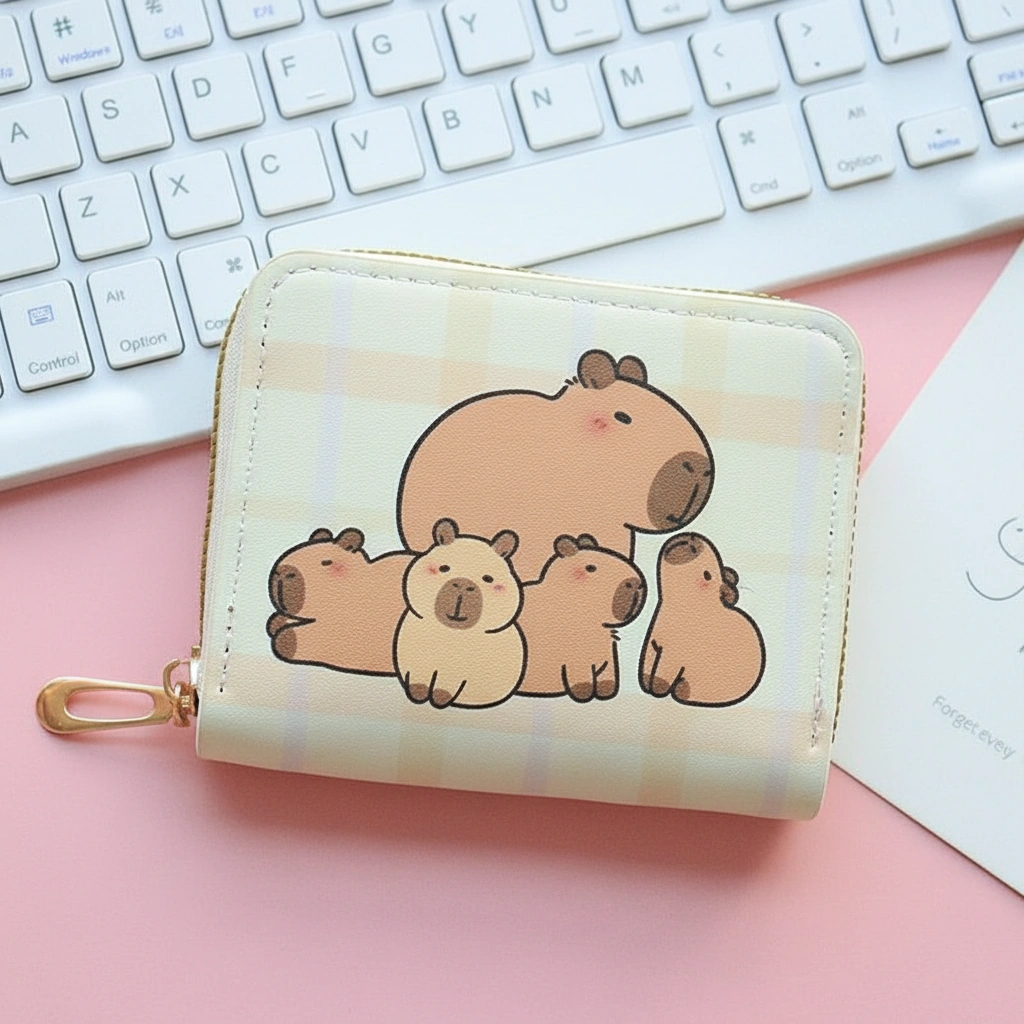 Capybara Cream Zip Wallet – Illustrated Coin Purse with Gold Zipper