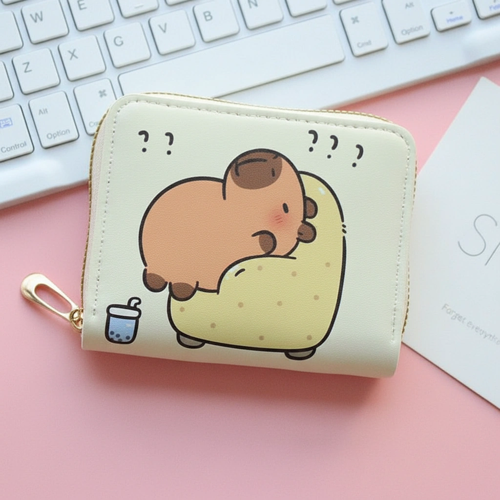 Capybara Cream Zip Wallet – Illustrated Coin Purse with Gold Zipper