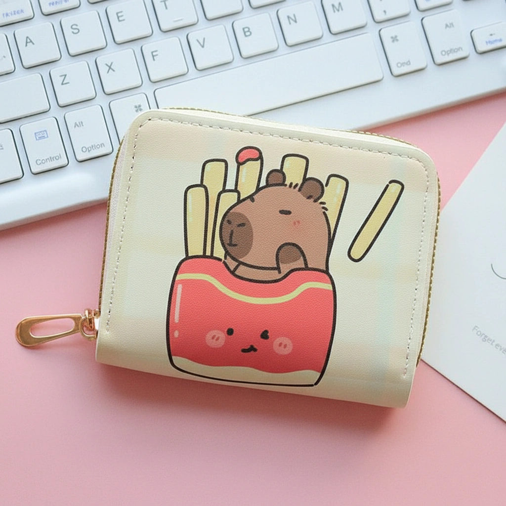 Capybara Cream Zip Wallet – Illustrated Coin Purse with Gold Zipper