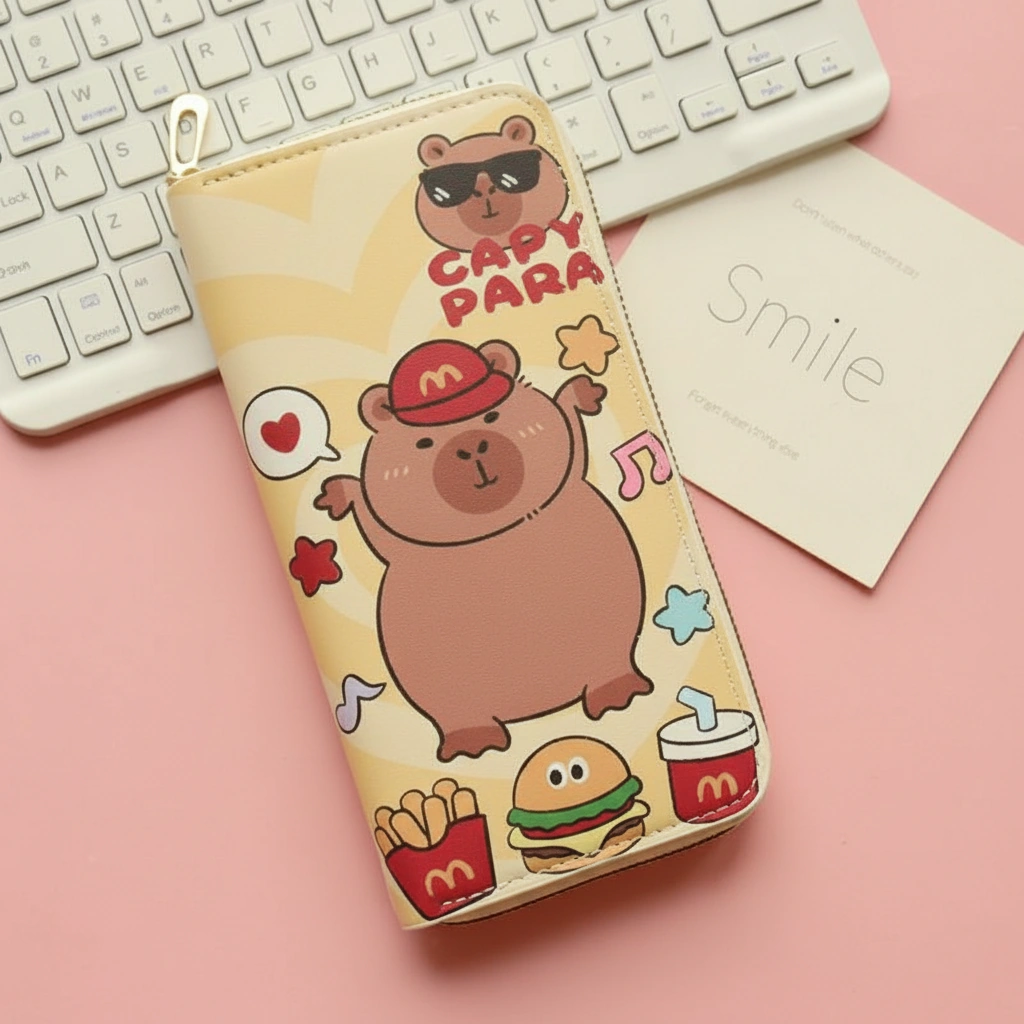 Capybara Creamy Yellow Long Wallet – Zip-Around Clutch with Positive Quotes