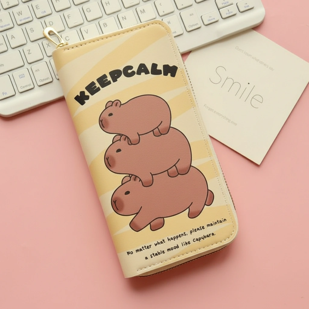 Capybara Creamy Yellow Long Wallet – Zip-Around Clutch with Positive Quotes