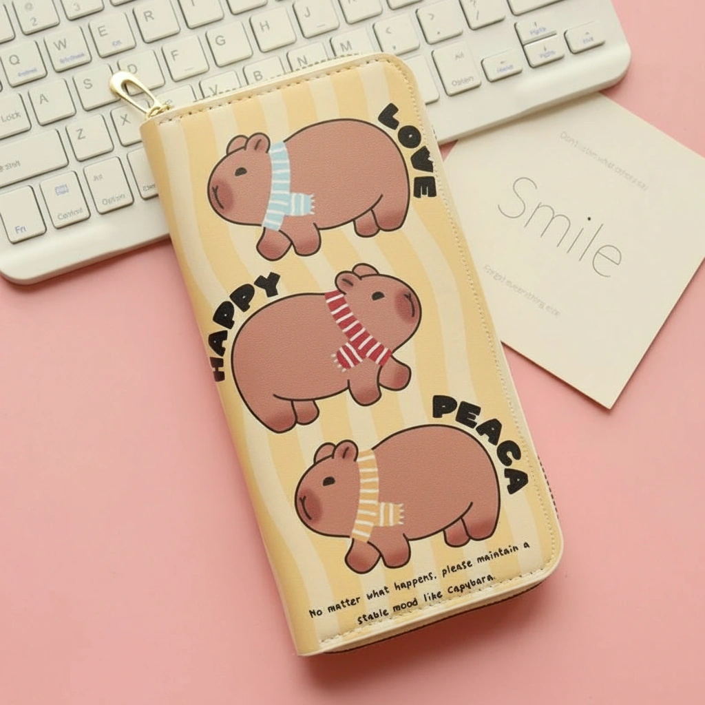 Capybara Creamy Yellow Long Wallet – Zip-Around Clutch with Positive Quotes