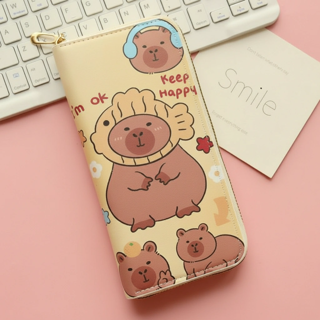 Capybara Creamy Yellow Long Wallet – Zip-Around Clutch with Positive Quotes