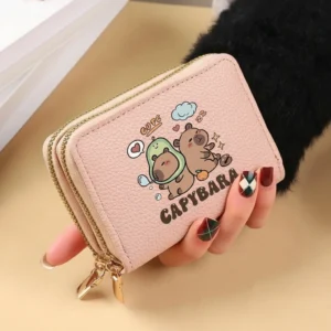 Double-zipper accordion wallet featuring a cartoon capybara in an avocado costume