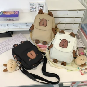Capybara Canvas Crossbody Bag with Plush Charm