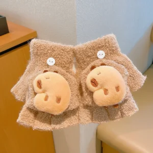 Pair of camel-colored plush kids capybara gloves featuring a convertible fingerless design with a cute capybara face on the flip-top mitten cover.