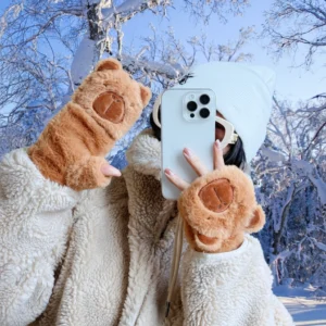 Adult Happy Capybara Mittens – Convertible Plush Gloves with Round Ears