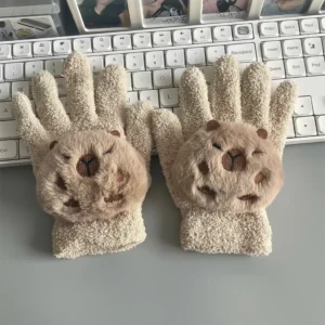 Cream-colored boucle knit gloves featuring 3D capybara plush toys