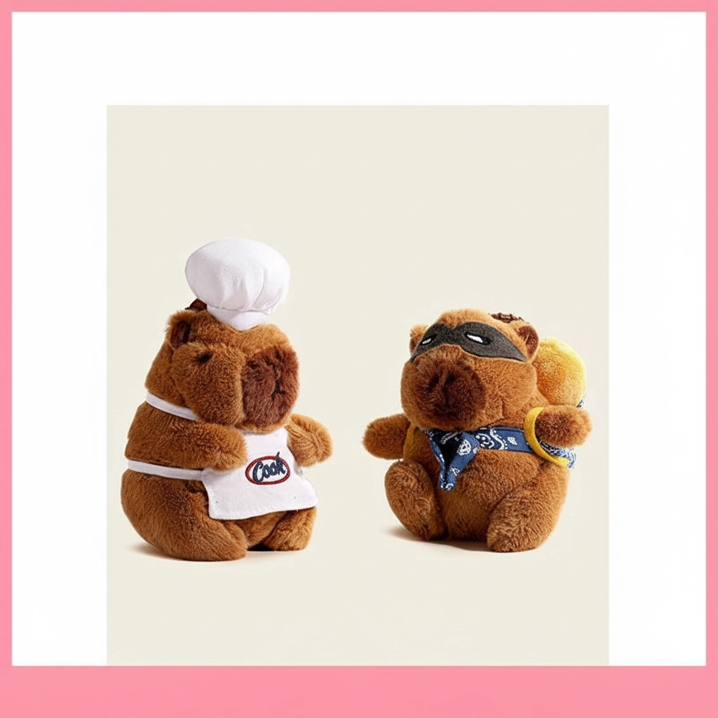 Close-up of a cute capybara plush keychain available in two styles: one wearing a white chef hat and apron, and the other wearing a black bandit mask and blue bandana with a bread loaf.