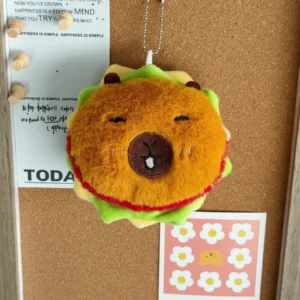 capybara burger, funny plush keychain, squeaky stuffed animal, food themed plushie, novelty bag charm, cute keyring, hamburger soft toy, interactive keychain, kawaii accessories.