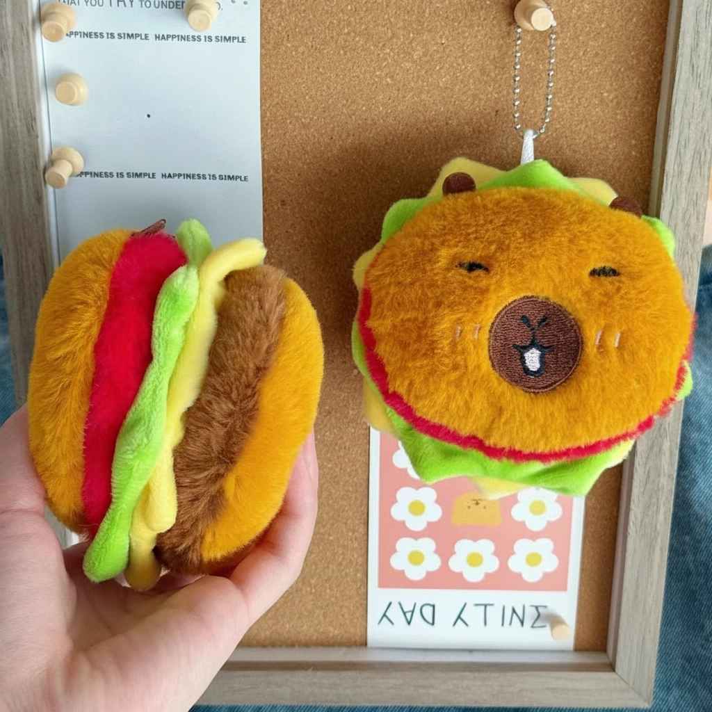 capybara burger, funny plush keychain, squeaky stuffed animal, food themed plushie, novelty bag charm, cute keyring, hamburger soft toy, interactive keychain, kawaii accessories.