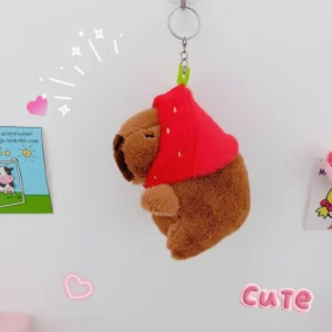 Capybara Plush Keychain in Strawberry Hood