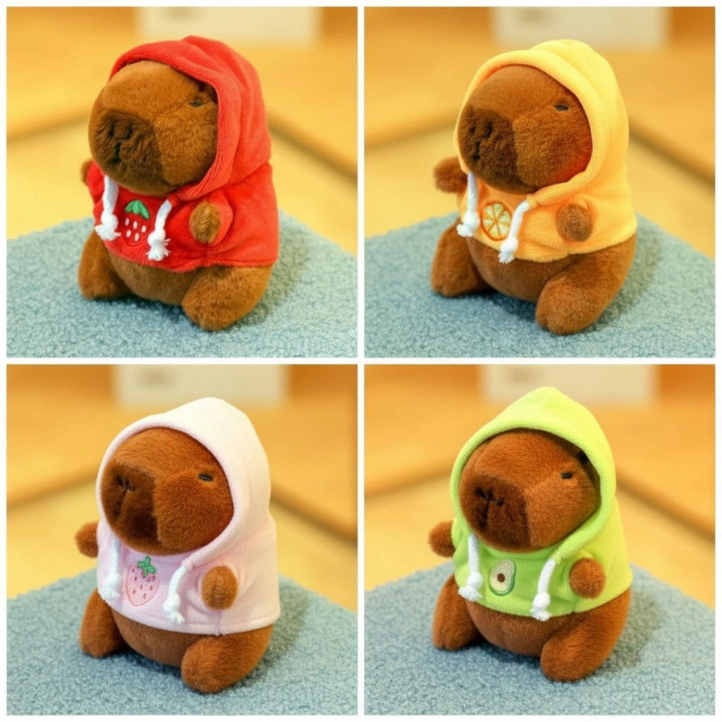 Four capybara plush keychains sitting together wearing red, green, orange, and pink hoodies with fruit embroidery.