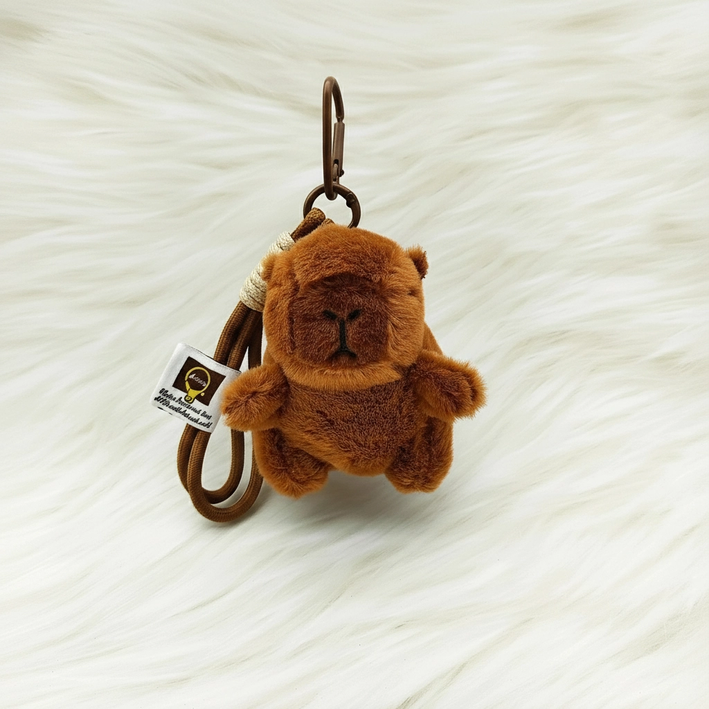 Front view of capybara plush pendant hanging by a brown woven rope strap, wearing a red and green scarf.