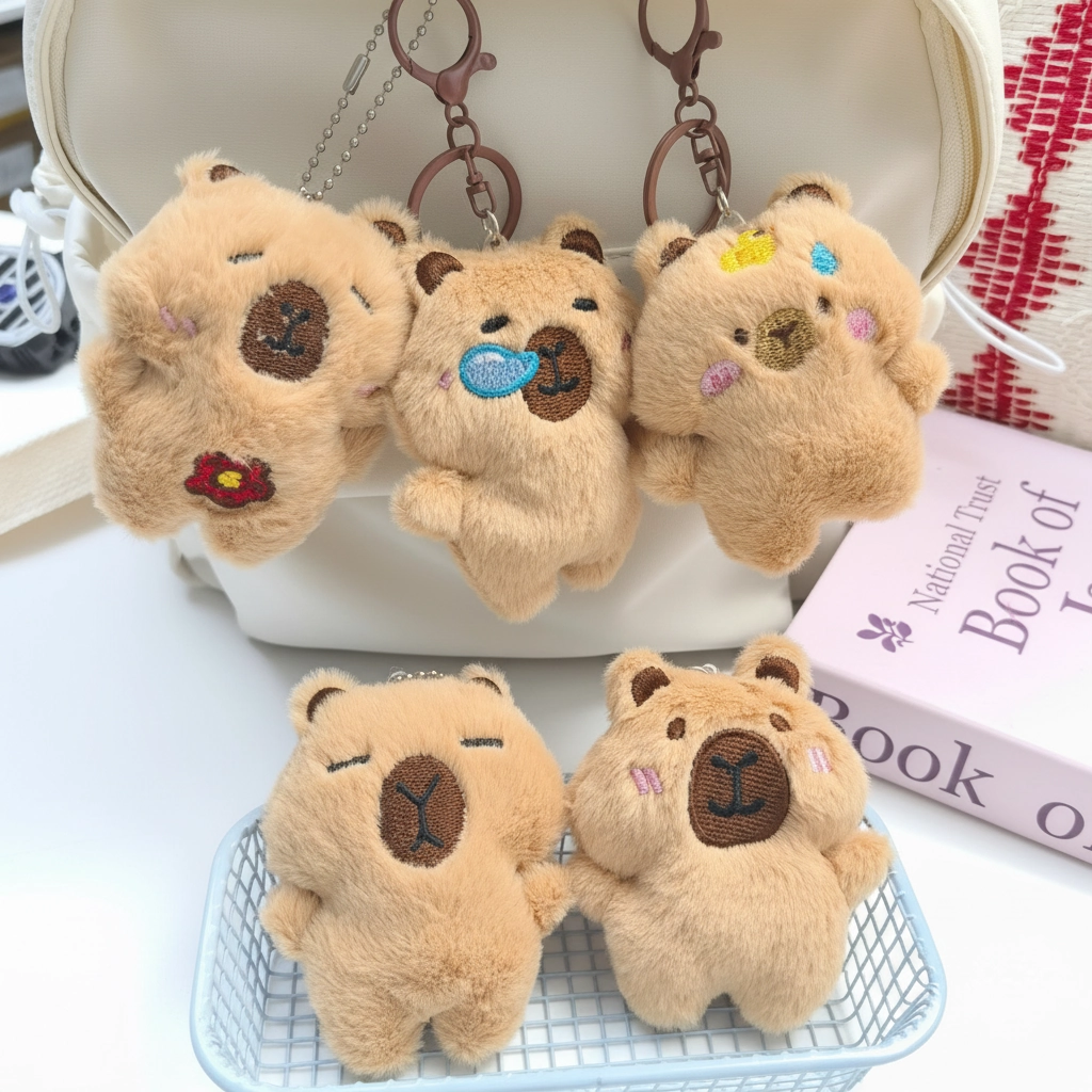 A collection of five 9cm brown capybara plush keychains showing different emotions, including sleeping, holding a flower, and having a snot bubble.