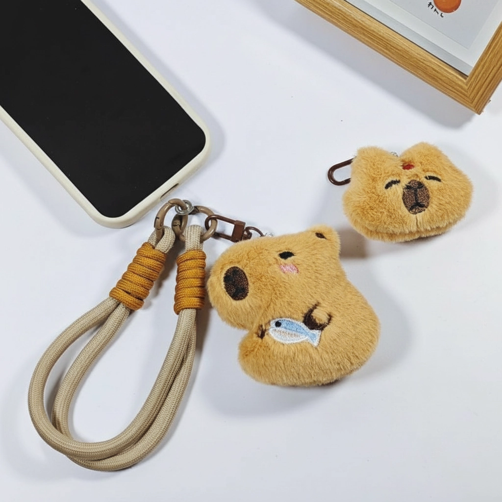 Both styles of capybara phone straps displayed together next to a mobile phone.