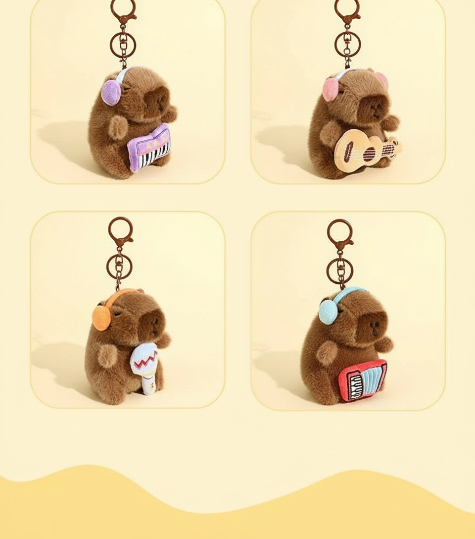 Musical Capybara Plush Keychain – Interactive Pull-String Instrument Toy (11cm)
