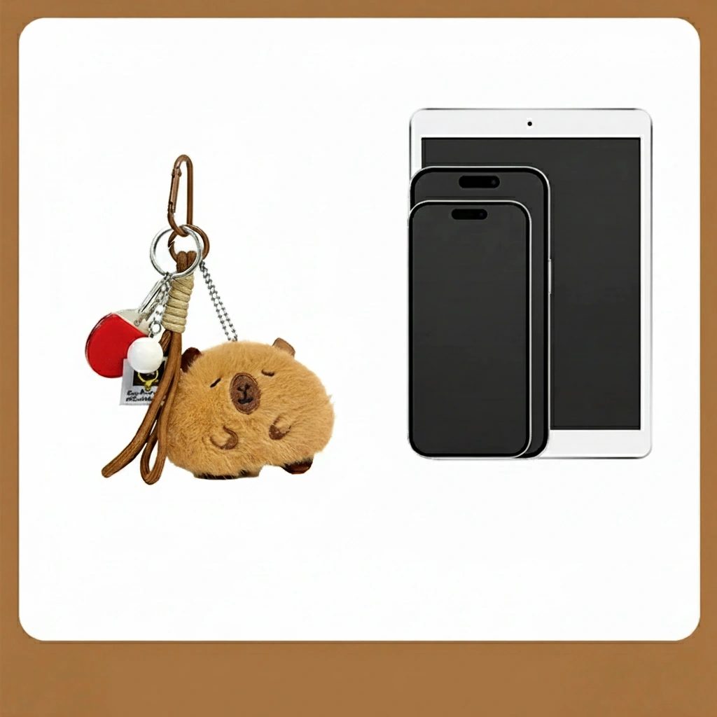 A round, fuzzy brown capybara plush keychain with closed eyes, featuring a bronze clip and a miniature ping pong paddle accessory.