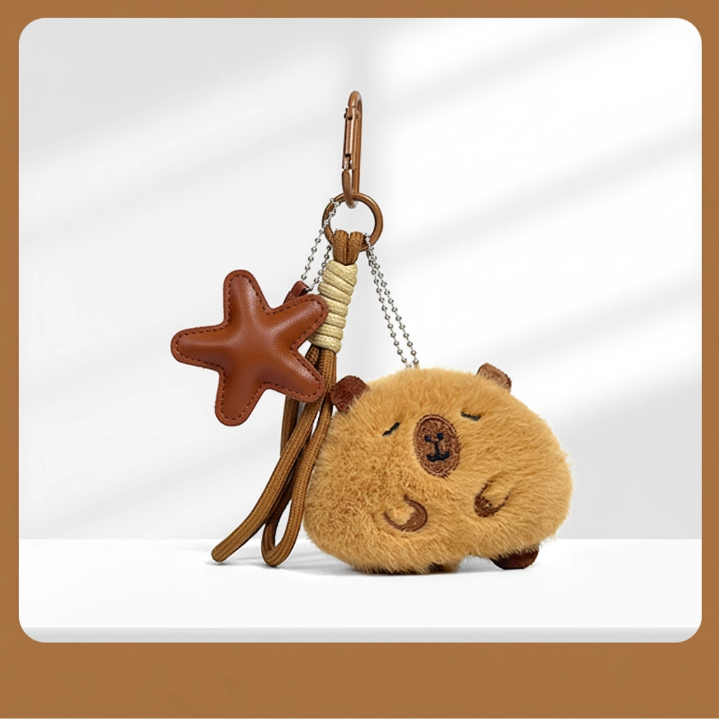 Fluffy Capybara Bag Charm with Mini Hobby Accessories - 10cm Round Plush Keychain