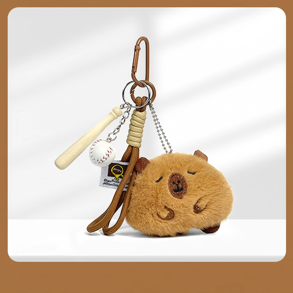 Fluffy Capybara Bag Charm with Mini Hobby Accessories - 10cm Round Plush Keychain