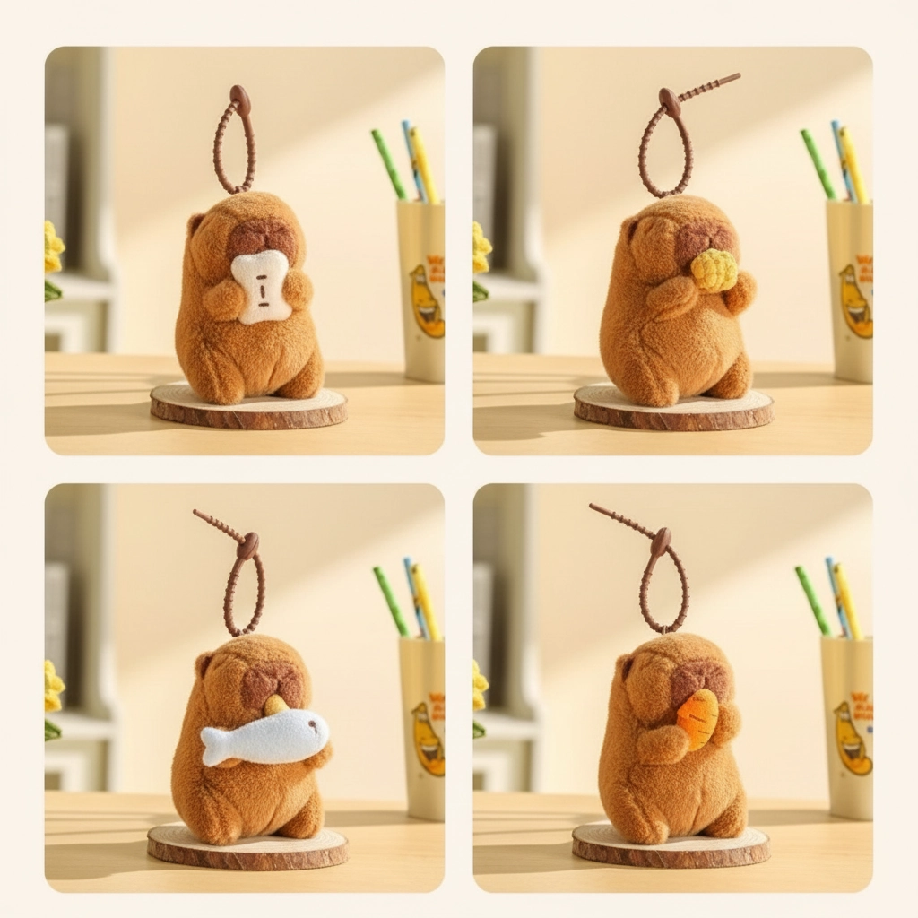 Capybara Plush Keychain - Pull String Eating Action - 12cm Interactive Bag Charm