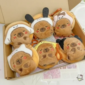 A collection of round plush capybara purses featuring different animal headbands and costumes