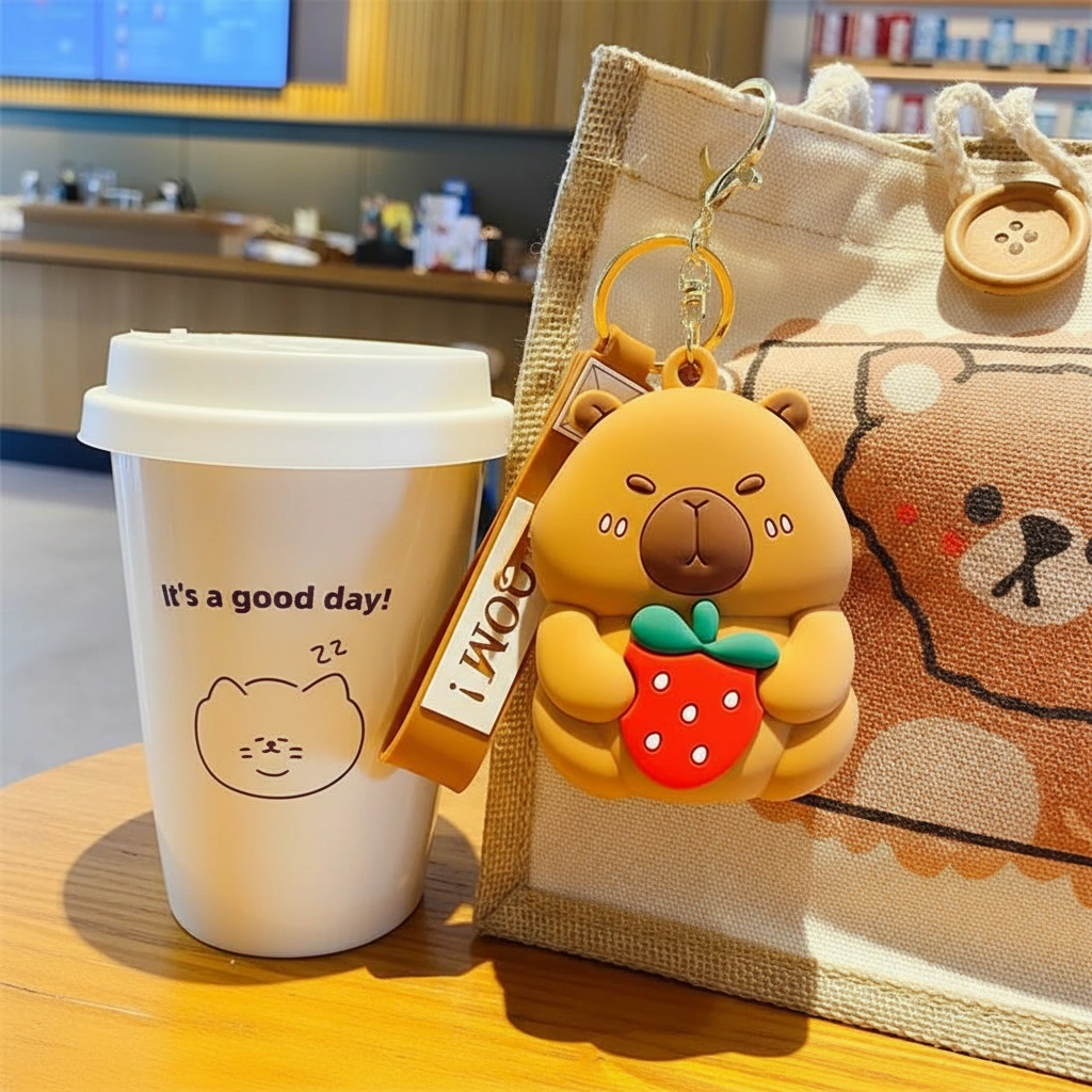 A yellow 3D silicone capybara purse holding a red strawberry, featuring a gold keychain and a strap with text, displayed as a bag charm.