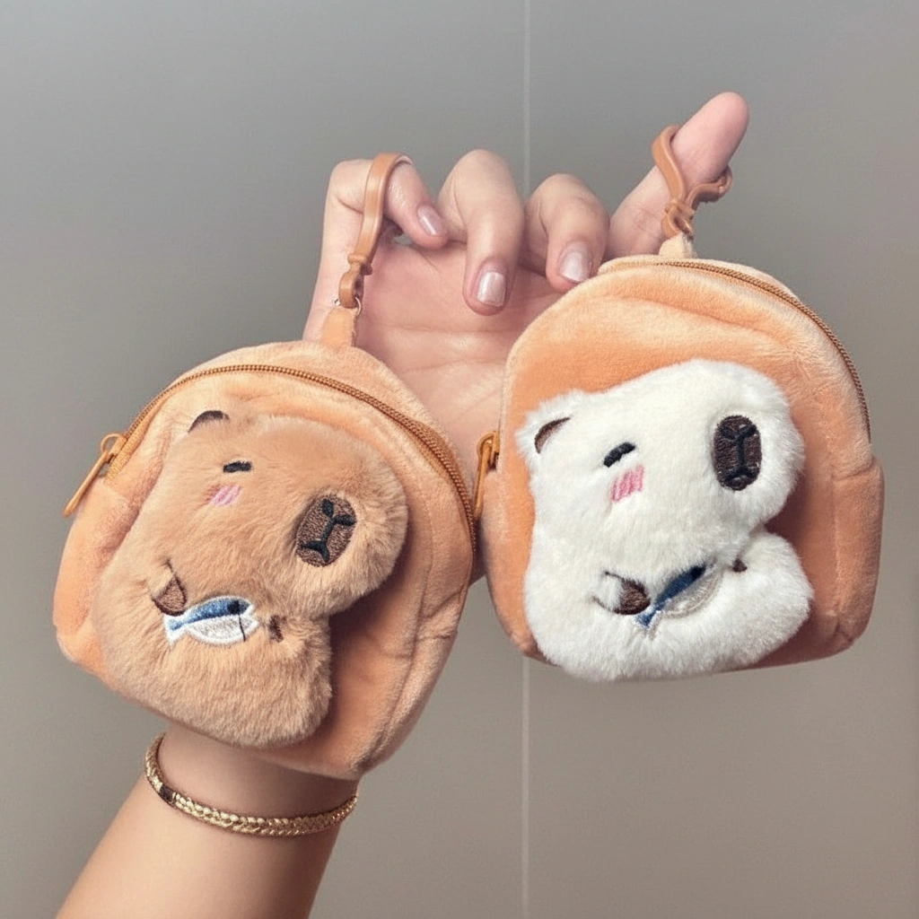 Toast-shaped plush coin purse featuring a 3D winking capybara hugging a blue fish, available in white and tan.
