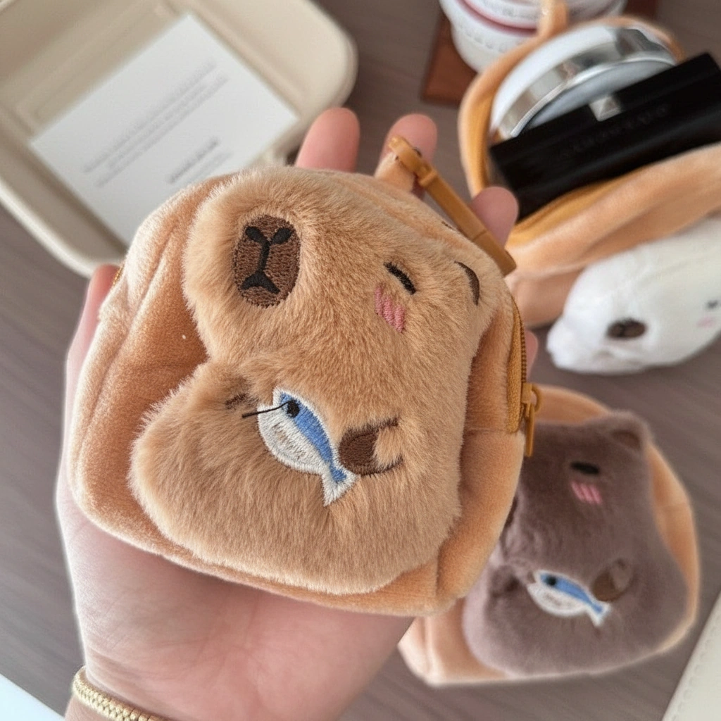 Toast-shaped plush coin purse featuring a 3D winking capybara hugging a blue fish, available in white, tan, and brown colors.