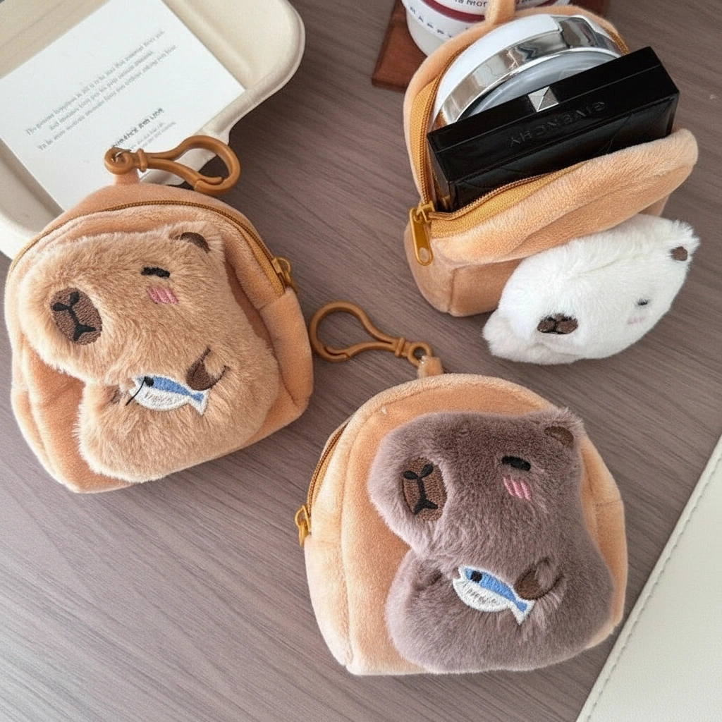 Toast-shaped plush coin purse featuring a 3D winking capybara hugging a blue fish, available in white, tan, and brown colors.