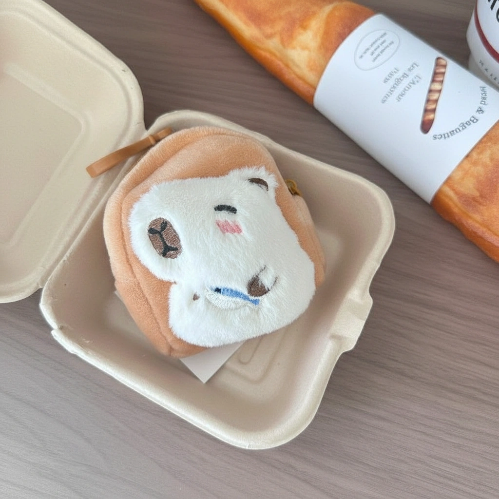 Plush Capybara Holding Blue Fish Coin Purse - Toast Shaped Mini Bag