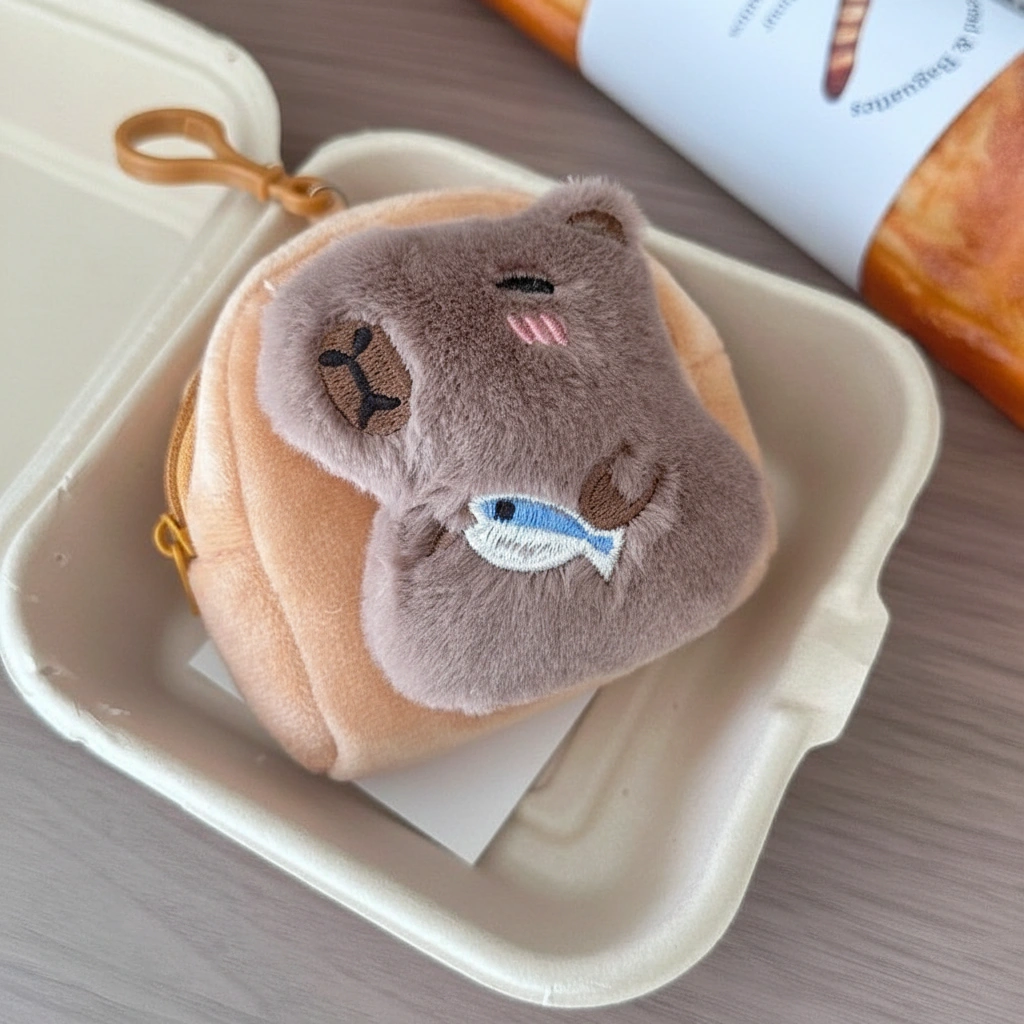 Plush Capybara Holding Blue Fish Coin Purse - Toast Shaped Mini Bag
