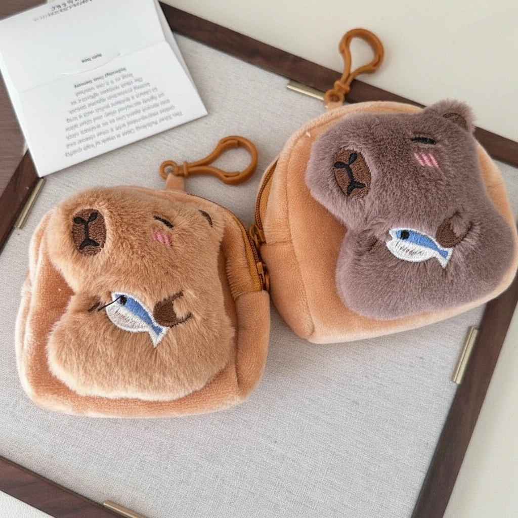 Toast-shaped plush coin purse featuring a 3D winking capybara hugging a blue fish, available in tan, and brown colors.