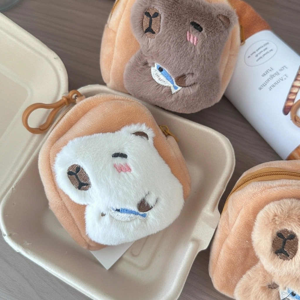 Toast-shaped plush coin purse featuring a 3D winking capybara hugging a blue fish, available in white, tan, and brown colors.