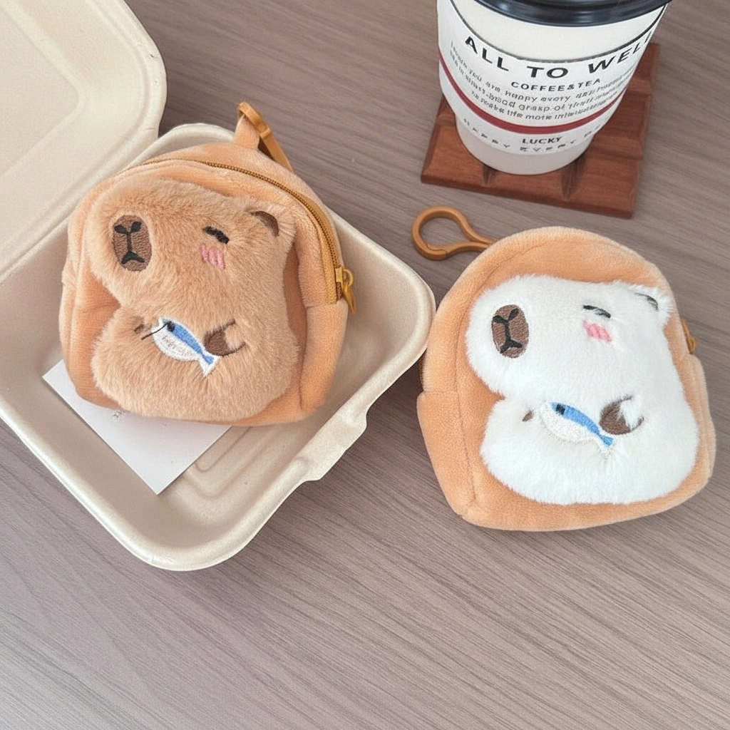 Toast-shaped plush coin purse featuring a 3D winking capybara hugging a blue fish, available in white and tan.